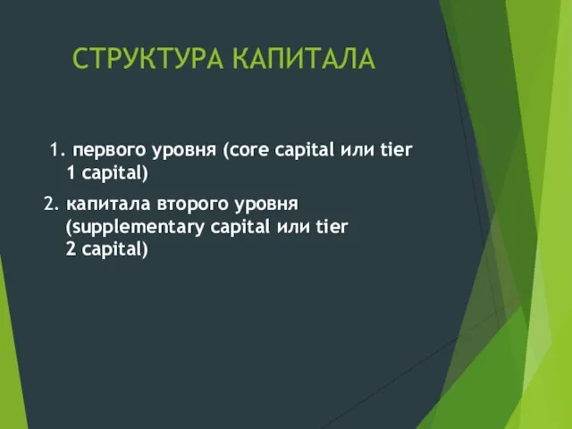 СТРУКТУРА КАПИТАЛА 1. первого уровня (core capital или tier 1 capital) 2.