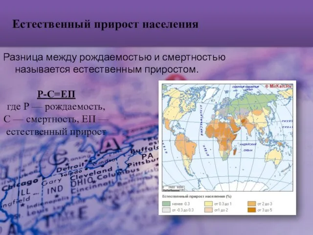 Естественный прирост населения Разница между рождаемостью и смертностью называется естественным приростом. Р-С=ЕП