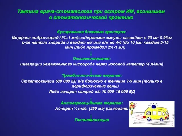 Тактика врача-стоматолога при остром ИМ, возникшем в стоматологической практике Купирование болевого приступа: