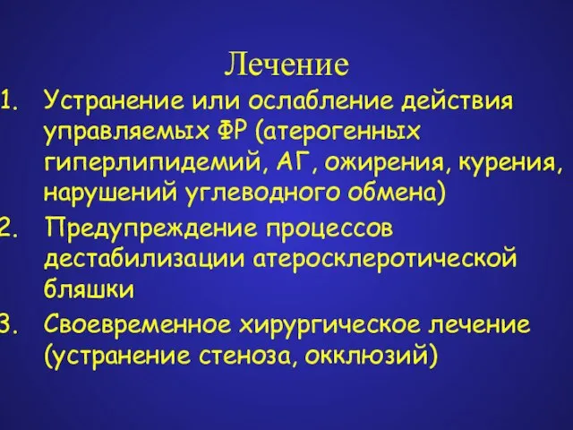 Лечение Устранение или ослабление действия управляемых ФР (атерогенных гиперлипидемий, АГ, ожирения, курения,