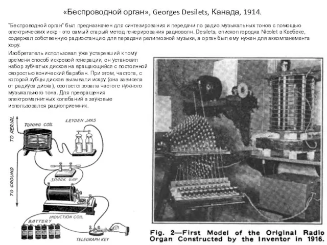 «Беспроводной орган», Georges Desilets, Канада, 1914. "Беспроводной орган" был предназначен для синтезирования