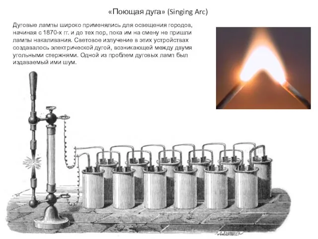 «Поющая дуга» (Singing Arc) Дуговые лампы широко применялись для освещения городов, начиная