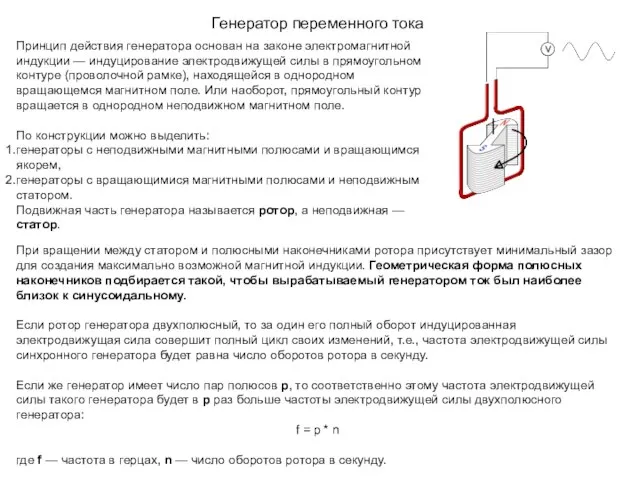 Генератор переменного тока Принцип действия генератора основан на законе электромагнитной индукции —