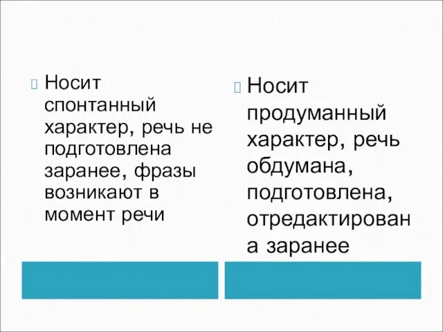 Носит спонтанный характер, речь не подготовлена заранее, фразы возникают в момент речи