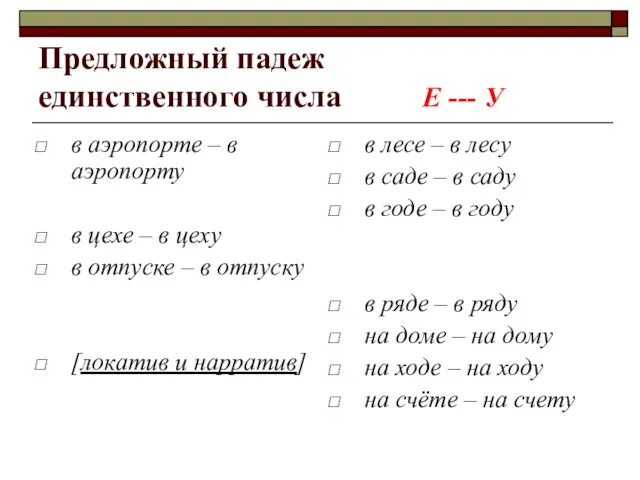 Предложный падеж единственного числа Е --- У в аэропорте – в аэропорту