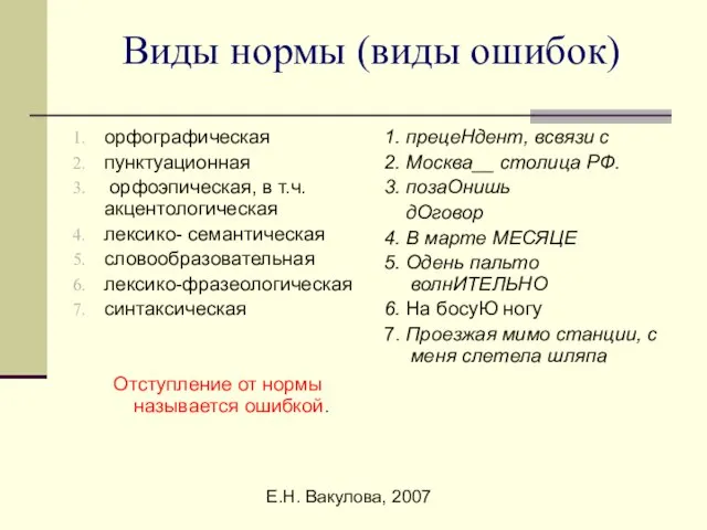 Е.Н. Вакулова, 2007 Виды нормы (виды ошибок) орфографическая пунктуационная орфоэпическая, в т.ч.