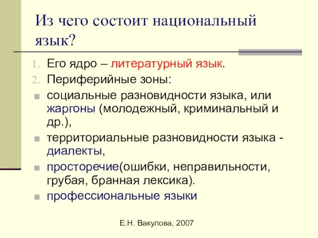 Е.Н. Вакулова, 2007 Из чего состоит национальный язык? Его ядро – литературный