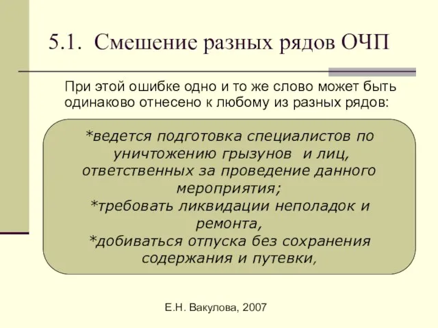 Е.Н. Вакулова, 2007 5.1. Смешение разных рядов ОЧП При этой ошибке одно