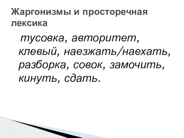 тусовка, авторитет, клевый, наезжать/наехать, разборка, совок, замочить, кинуть, сдать. Жаргонизмы и просторечная лексика