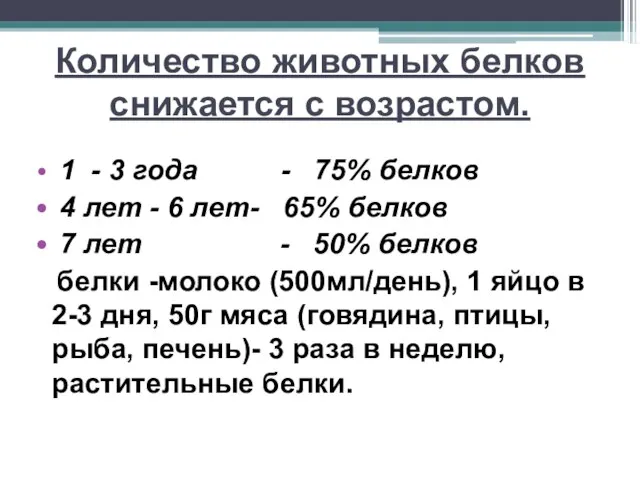 Количество животных белков снижается с возрастом. 1 - 3 года - 75%