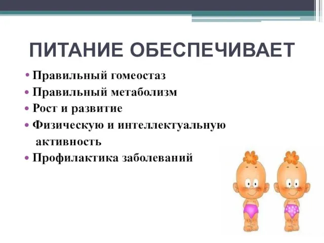 ПИТАНИЕ ОБЕСПЕЧИВАЕТ Правильный гомеостаз Правильный метаболизм Рост и развитие Физическую и интеллектуальную активность Профилактика заболеваний