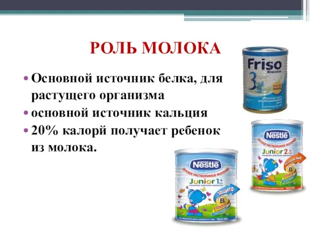 РОЛЬ МОЛОКА Основной источник белка, для растущего организма основной источник кальция 20%