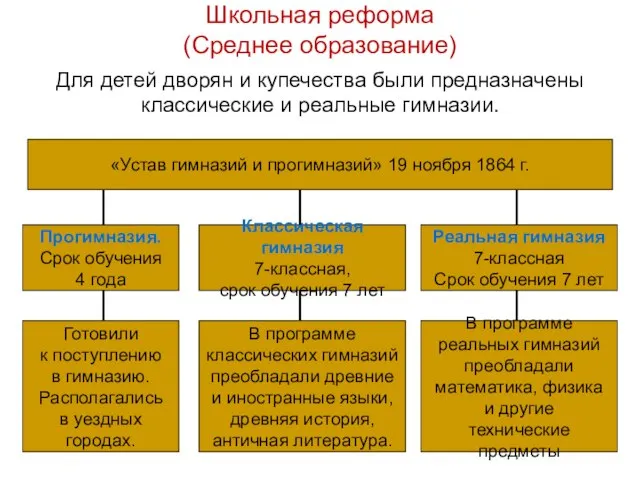 Школьная реформа (Среднее образование) Для детей дворян и купечества были предназначены классические