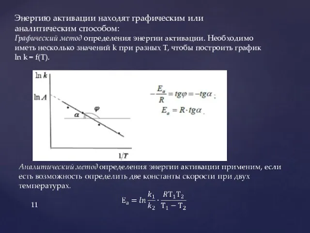 Энергию активации находят графическим или аналитическим способом: Графический метод определения энергии активации.