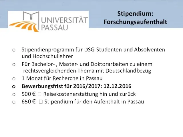 Stipendienprogramm für DSG-Studenten und Absolventen und Hochschullehrer Für Bachelor- , Master- und