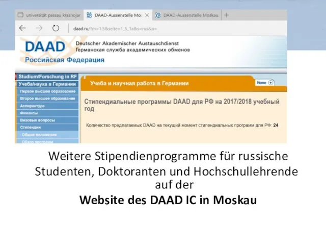 Weitere Stipendienprogramme für russische Studenten, Doktoranten und Hochschullehrende auf der Website des DAAD IC in Moskau