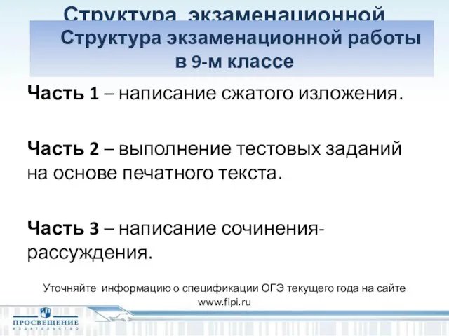 Структура экзаменационной работы в 9-м классе Часть 1 – написание сжатого изложения.