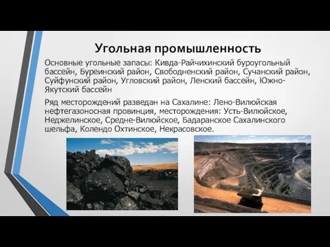 Угольная промышленность Основные угольные запасы: Кивда-Райчихинский буроугольный бассейн, Буреинский район, Свободненский район,