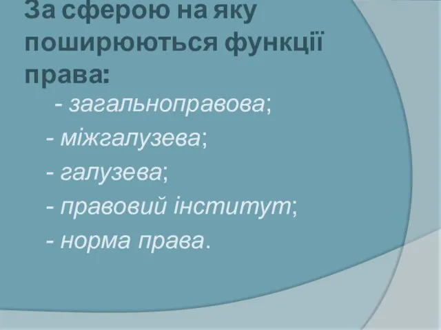 За сферою на яку поширюються функції права: - загальноправова; - міжгалузева; -