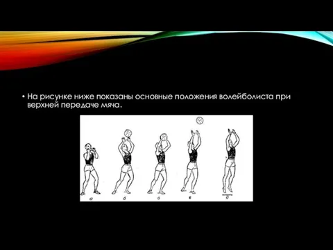 На рисунке ниже показаны основные положения волейболиста при верхней передаче мяча.