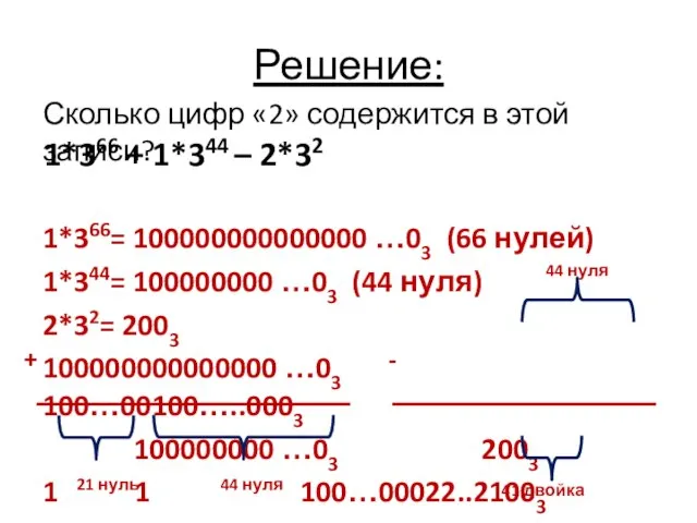 Решение: Сколько цифр «2» содержится в этой записи? 1*366= 100000000000000 …03 (66