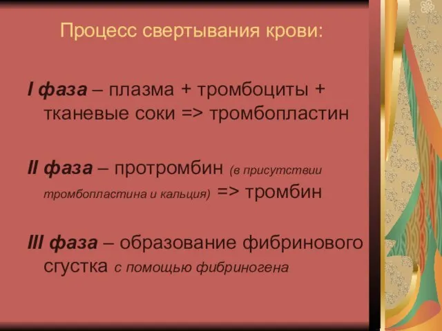 Процесс свертывания крови: I фаза – плазма + тромбоциты + тканевые соки