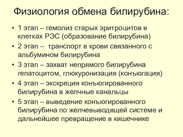 Физиология обмена билирубина: 1 этап – гемолиз старых эритроцитов в клетках РЭС