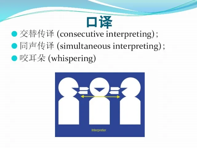 口译 交替传译 (consecutive interpreting)； 同声传译 (simultaneous interpreting)； 咬耳朵 (whispering)