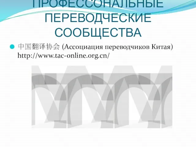 ПРОФЕССОНАЛЬНЫЕ ПЕРЕВОДЧЕСКИЕ СООБЩЕСТВА 中国翻译协会 (Ассоциация переводчиков Китая) http://www.tac-online.org.cn/