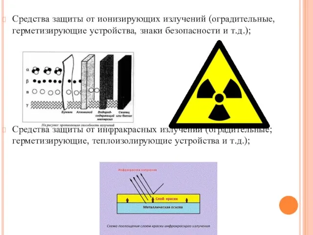 Средства защиты от ионизирующих излучений (оградительные, герметизирующие устройства, знаки безопасности и т.д.);