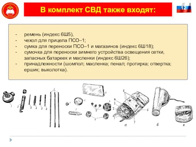 12 В комплект СВД также входят: ремень (индекс 6Ш5), чехол для прицела