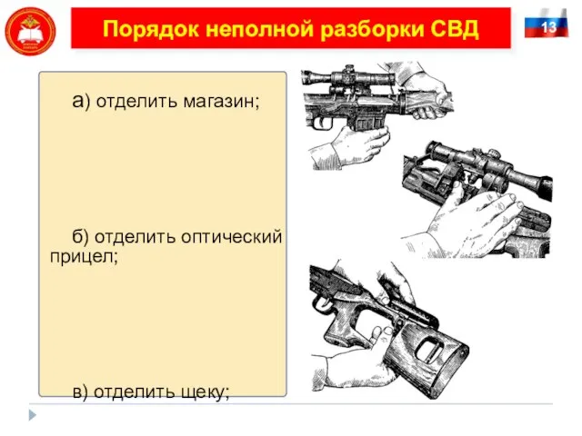 13 Порядок неполной разборки СВД а) отделить магазин; б) отделить оптический прицел; в) отделить щеку;