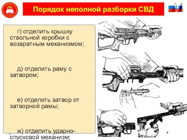 14 Порядок неполной разборки СВД г) отделить крышку ствольной коробки с возвратным