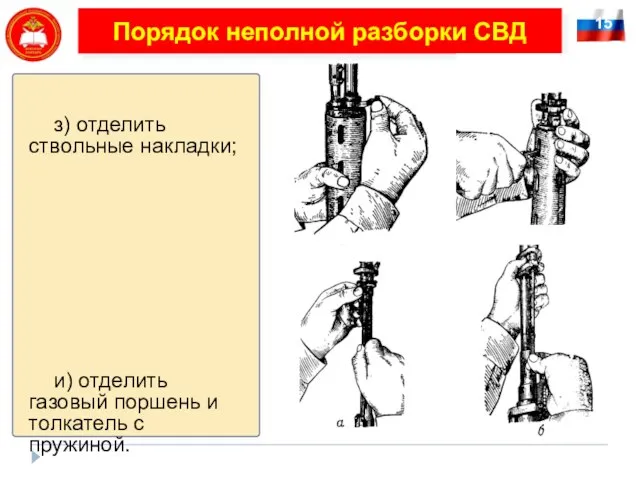 15 Порядок неполной разборки СВД з) отделить ствольные накладки; и) отделить газовый