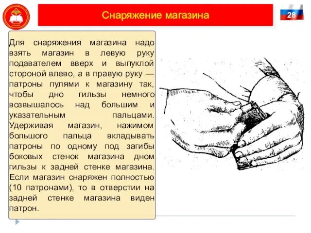 Для снаряжения магазина надо взять магазин в левую руку подавателем вверх и