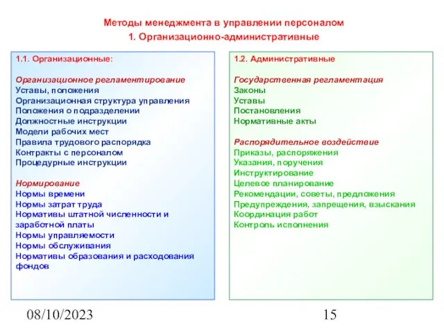 08/10/2023 Методы менеджмента в управлении персоналом 1. Организационно-административные 1.1. Организационные: Организационное регламентирование