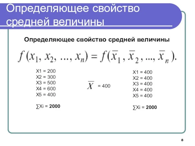 Определяющее свойство средней величины Определяющее свойство средней величины X1 = 200 X2