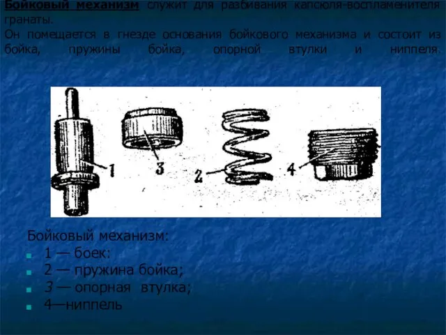 Бойковый механизм служит для разбивания капсюля-воспламенителя гранаты. Он помещается в гнезде основания