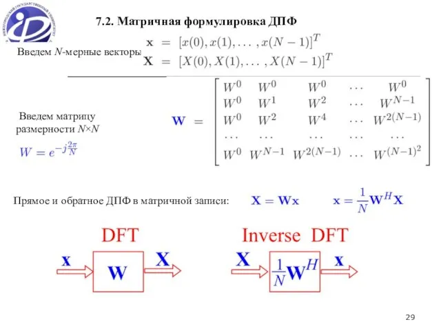 7.2. Матричная формулировка ДПФ Введем N-мерные векторы Введем матрицу размерности N×N Прямое