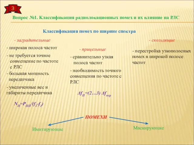 3 Классификация помех по ширине спектра - заградительные - прицельные - скользящие