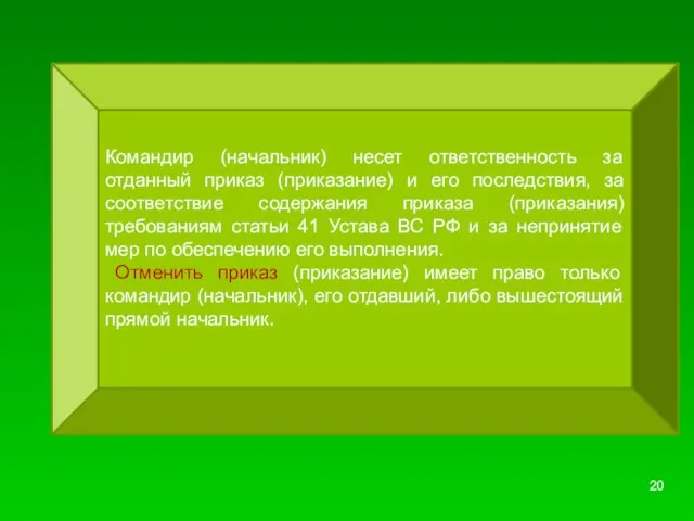 Командир (начальник) несет ответственность за отданный приказ (приказание) и его последствия, за