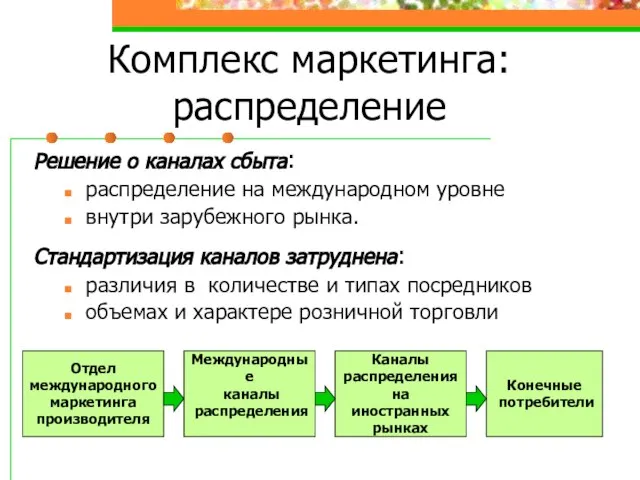 Решение о каналах сбыта: распределение на международном уровне внутри зарубежного рынка. Стандартизация