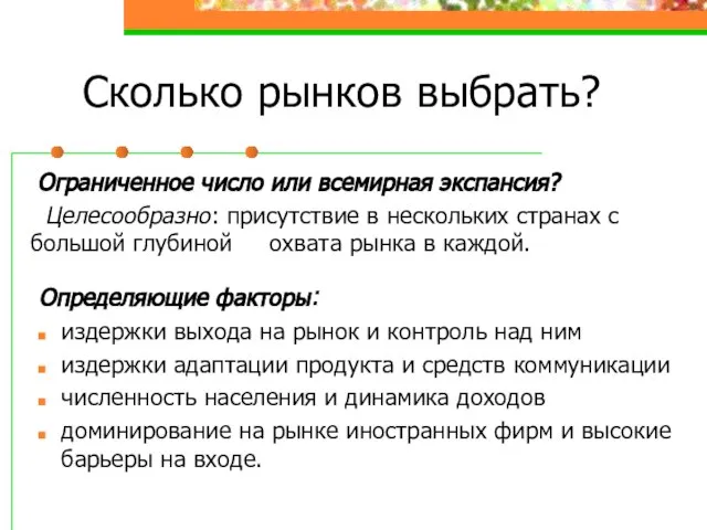 Сколько рынков выбрать? Ограниченное число или всемирная экспансия? Целесообразно: присутствие в нескольких