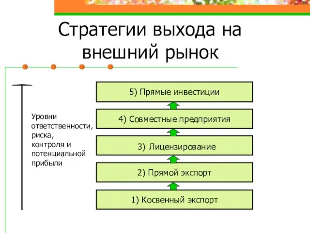 Стратегии выхода на внешний рынок 5) Прямые инвестиции 3) Лицензирование 4) Совместные