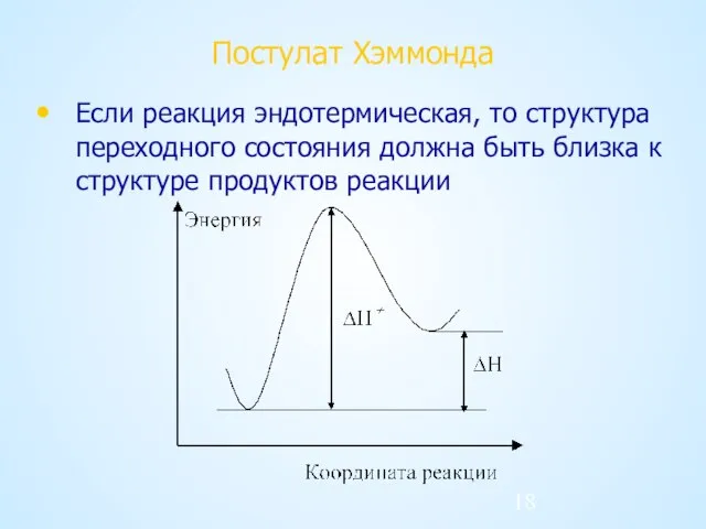 Постулат Хэммонда Если реакция эндотермическая, то структура переходного состояния должна быть близка к структуре продуктов реакции