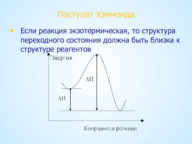 Постулат Хэммонда Если реакция экзотермическая, то структура переходного состояния должна быть близка к структуре реагентов