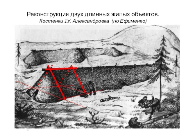 Реконструкция двух длинных жилых объектов. Костенки 1У. Александровка (по Ефименко)