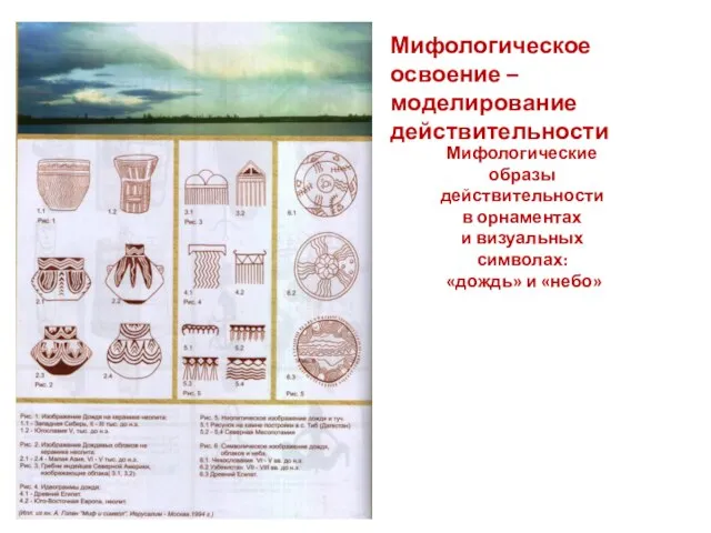 Мифологическое освоение – моделирование действительности Мифологические образы действительности в орнаментах и визуальных символах: «дождь» и «небо»