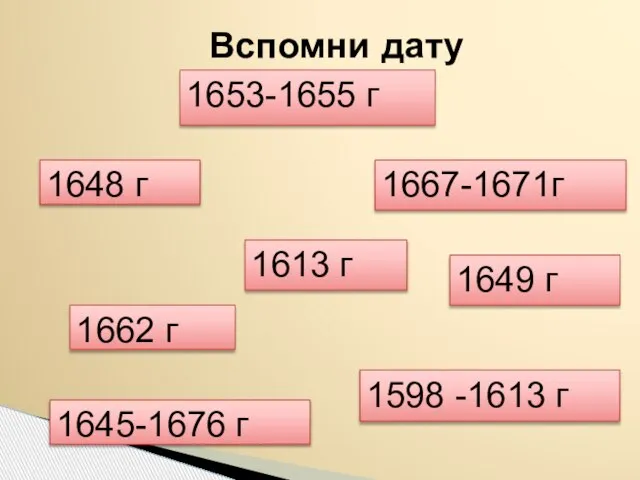 Вспомни дату 1653-1655 г 1649 г 1645-1676 г 1662 г 1648 г