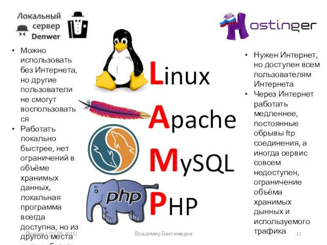 Лекция 1 (31.08.2015) Владимир Биктимеров Linux Apache MySQL PHP Можно использовать без